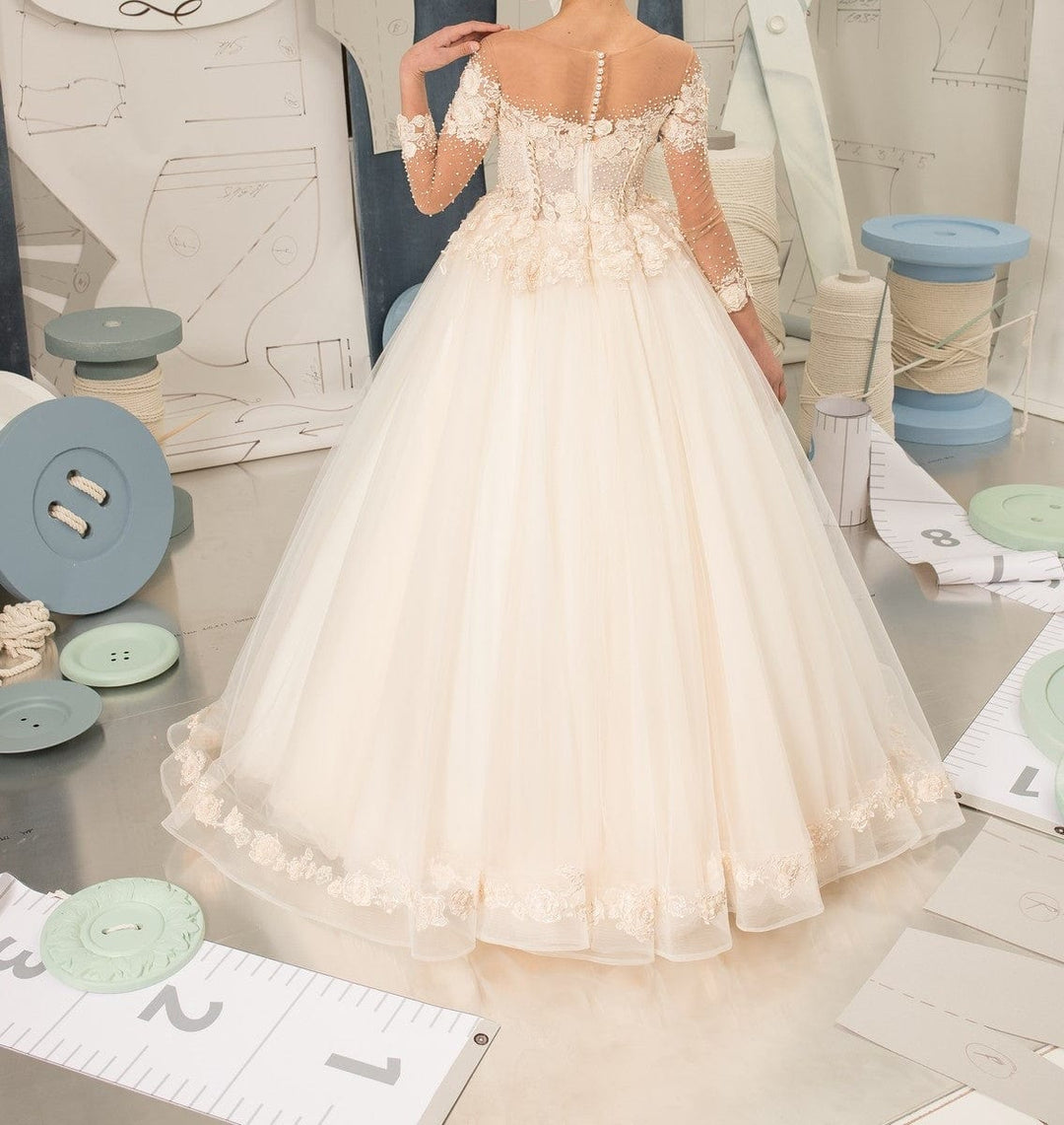 Sunnypetal Long Sleeves Lace Appliques Tulle Floor-Length Flower Girl Dress With Beaing