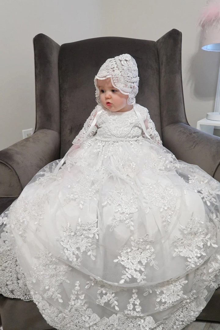 Sunnypetal Long Sleeves Lace Baby Baptism Dress Christening Gown Girl
