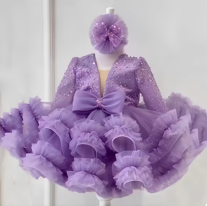 Sunnypetal Long Sleeves V-Neck Sequin Bow Puffy Layered Tulle Flower Girl Dresses