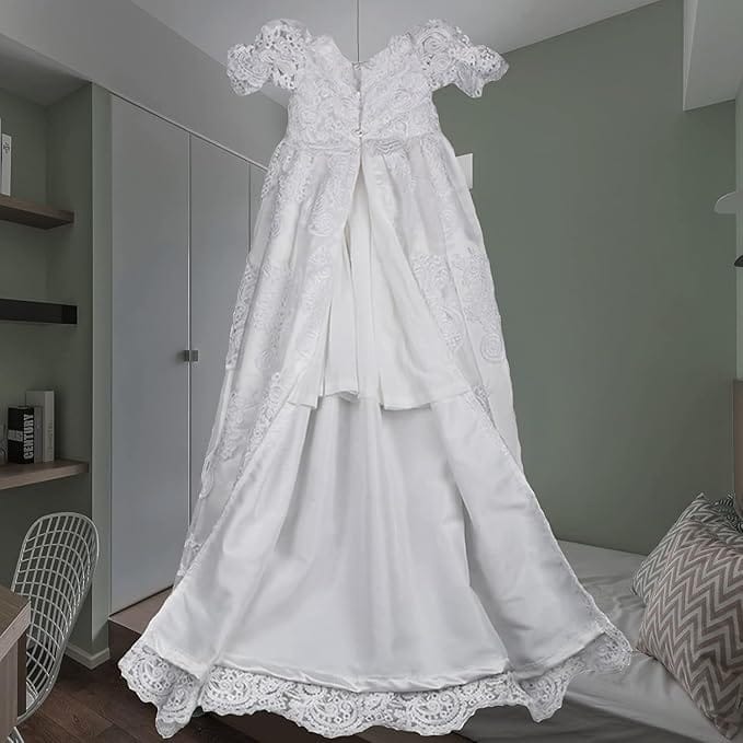 Sunnypetal Long White Lace Christening Dress for Baby Girls