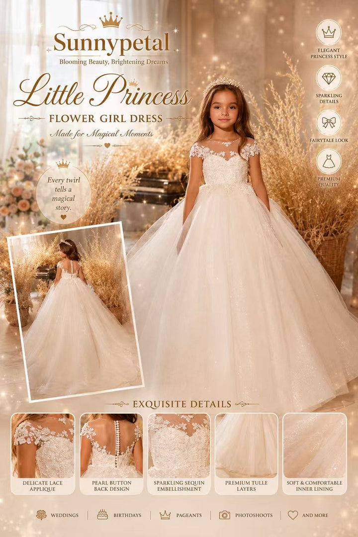 Sunnypetal Lovely Flower Girl Ball Gown Dresses Shiny Tulle Lace Appliques Wedding Communion Dress