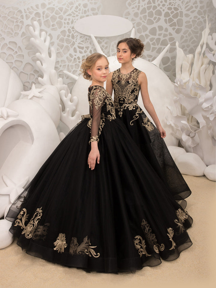 Sunnypetal Luxurious Gold Embroidery Balck A-Line Floor-Length Tulle Flower Girl Dresses