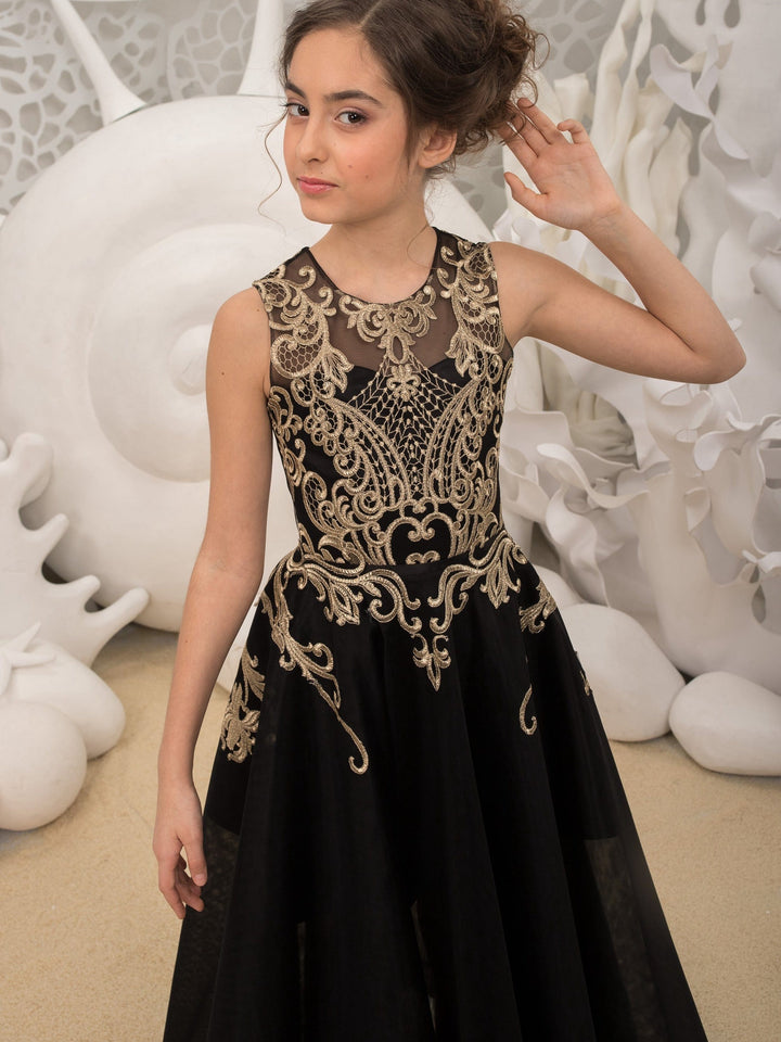Sunnypetal Luxurious Gold Embroidery Balck A-Line Floor-Length Tulle Flower Girl Dresses