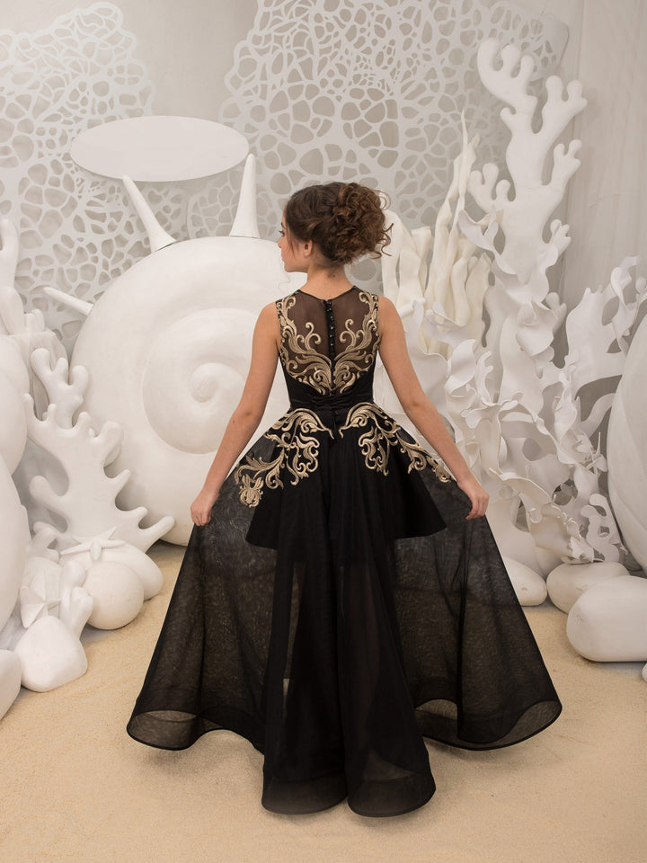Sunnypetal Luxurious Gold Embroidery Balck A-Line Floor-Length Tulle Flower Girl Dresses