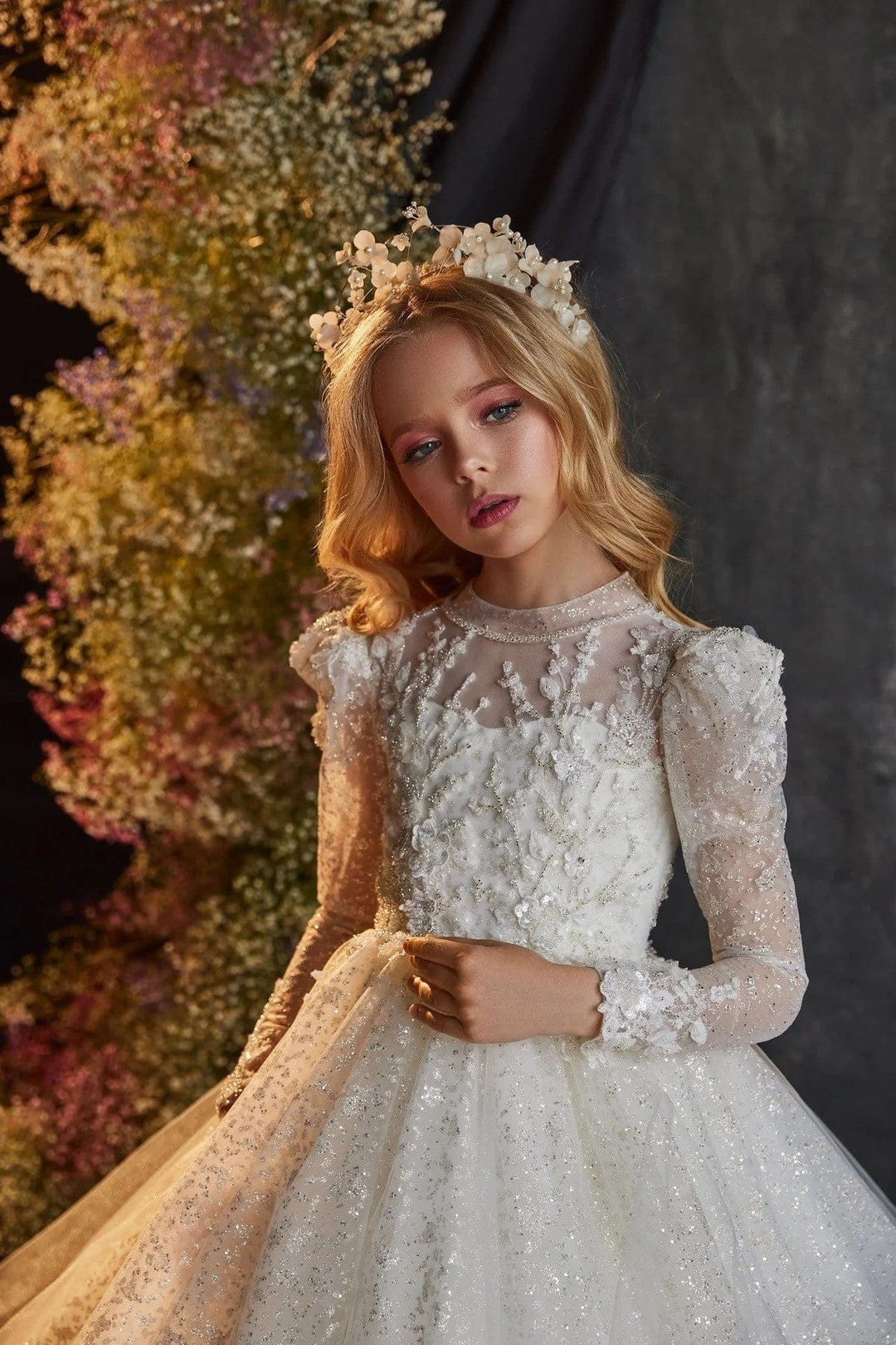 Sunnypetal Luxurious White Sparkle Flower Girl Gown