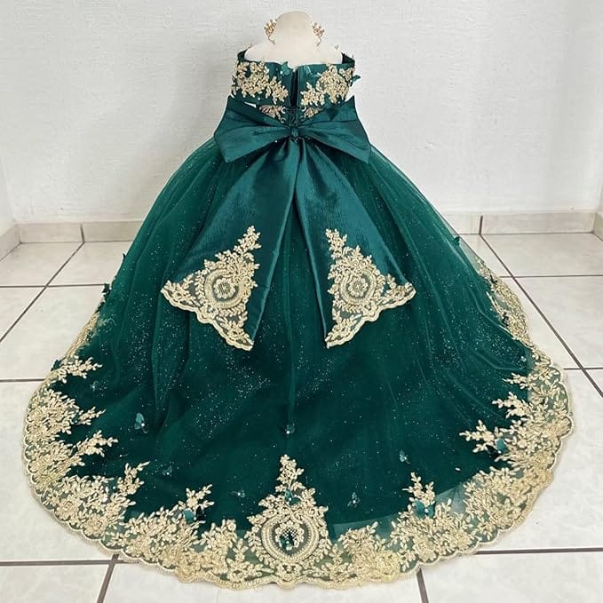 Sunnypetal Luxury Emerald Green Lace Appliqué Tulle Ball Gown Flower Girl Dress with Royal Train