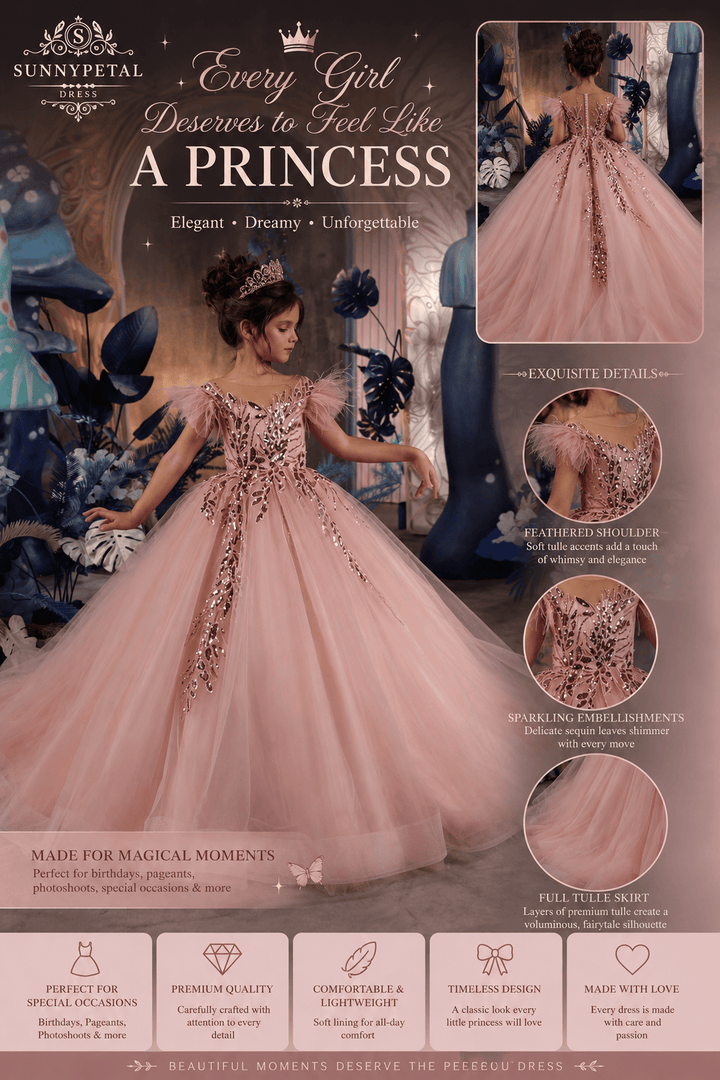 SunnyPetal Luxury Feather Ruffle Sequin Tulle Flower Girl Ball Gown with Beaded Details