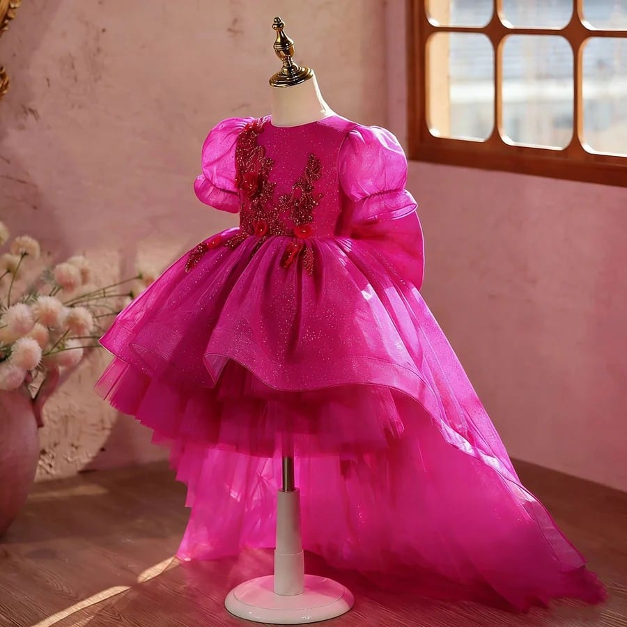 Sunnypetal Luxury Fuchsia Princess Flower Girl Dress with Big Bow &amp; Detachable Train