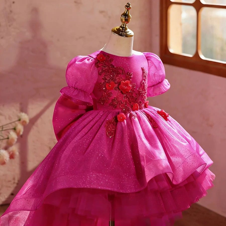 Sunnypetal Luxury Fuchsia Princess Flower Girl Dress with Big Bow &amp; Detachable Train