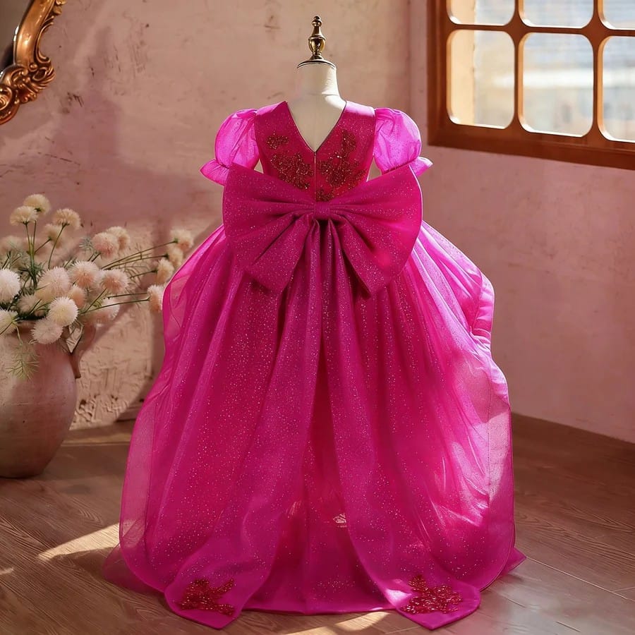 Sunnypetal Luxury Fuchsia Princess Flower Girl Dress with Big Bow & Detachable Train