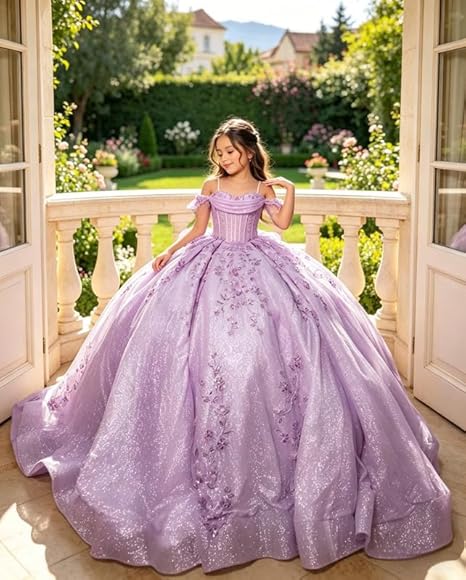 Sunnypetal Luxury Glitter Tulle Off-Shoulder Ball Gown Flower Girl Dress with Train