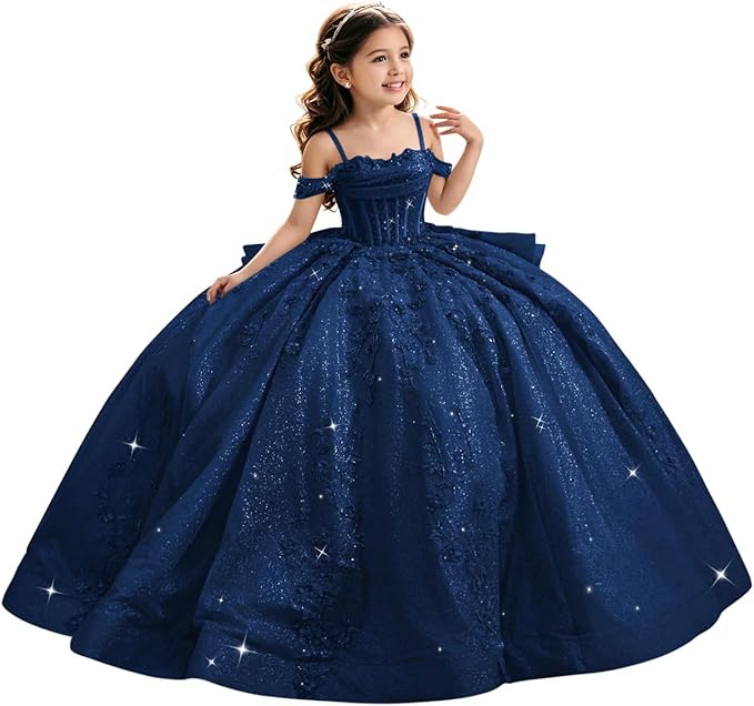 Sunnypetal Luxury Glitter Tulle Off-Shoulder Ball Gown Flower Girl Dress with Train