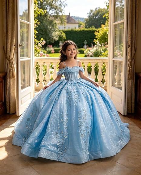 Sunnypetal Luxury Glitter Tulle Off-Shoulder Ball Gown Flower Girl Dress with Train