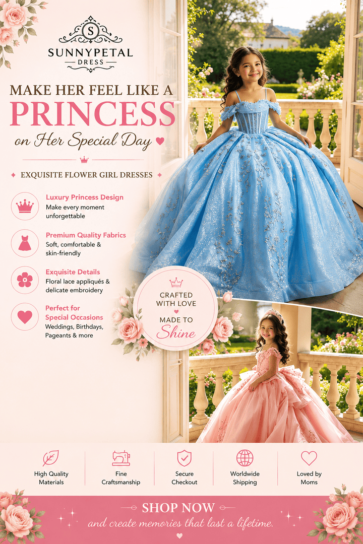 Sunnypetal Luxury Glitter Tulle Off-Shoulder Ball Gown Flower Girl Dress with Train
