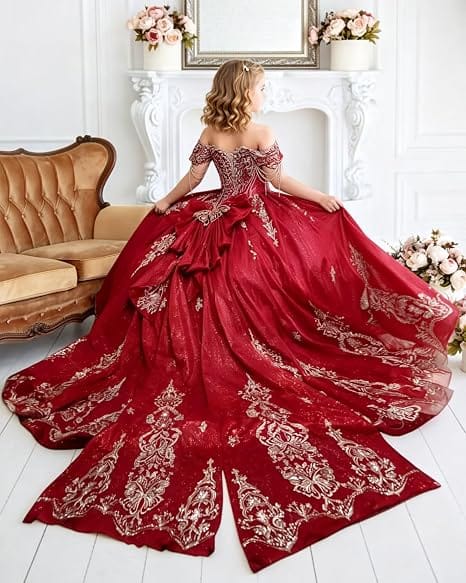 Sunnypetal Luxury Gold Appliqué Glitter Tulle Flower Girl Gown with Oversized Bow