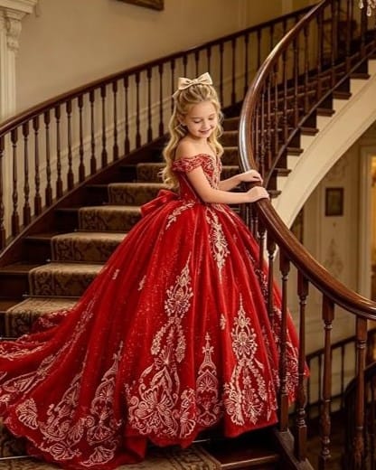 Sunnypetal Luxury Gold Appliqué Glitter Tulle Flower Girl Gown with Oversized Bow