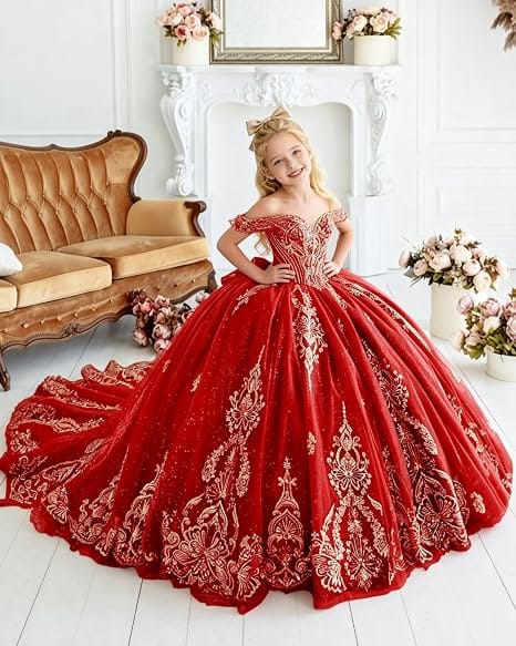 Sunnypetal Luxury Gold Appliqué Glitter Tulle Flower Girl Gown with Oversized Bow