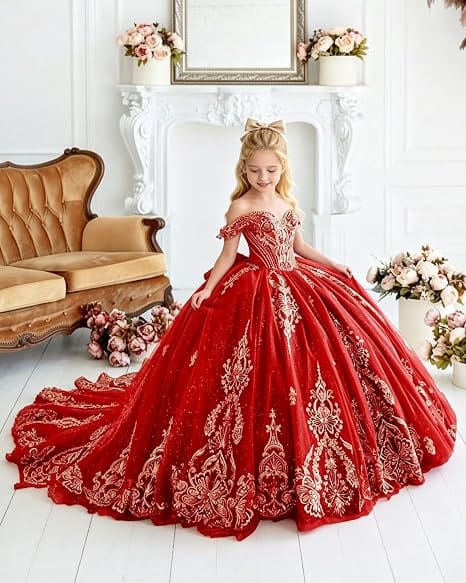 Sunnypetal Luxury Gold Appliqué Glitter Tulle Flower Girl Gown with Oversized Bow