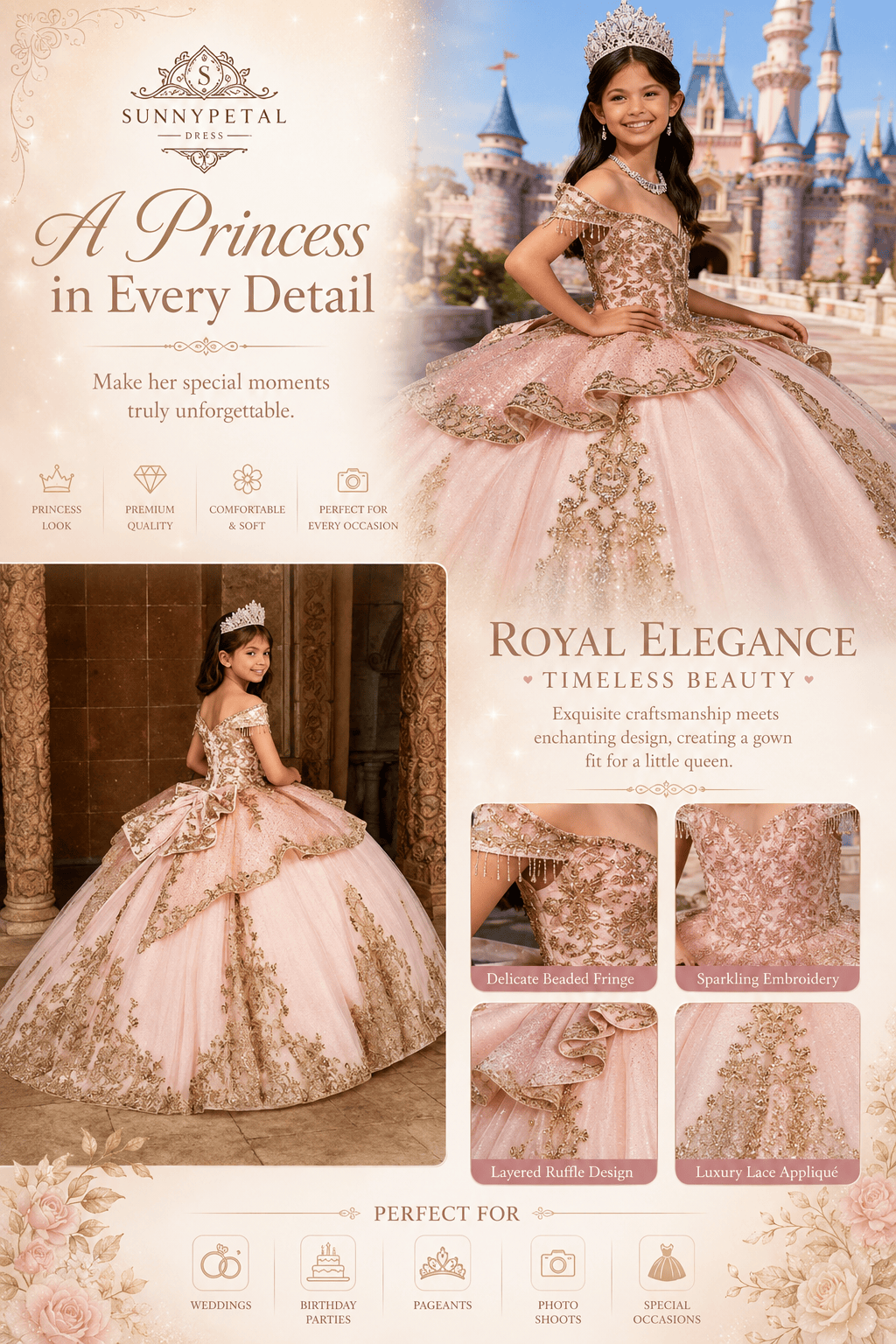 SunnyPetal Luxury Gold Appliqué Off-Shoulder Flower Girl Dress with Crystal Tassel Bow
