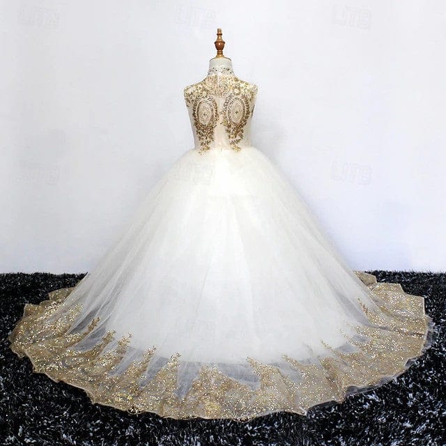 Sunnypetal Luxury Gold Embroidered High-Neck Tulle Ball Gown Flower Girl Dress