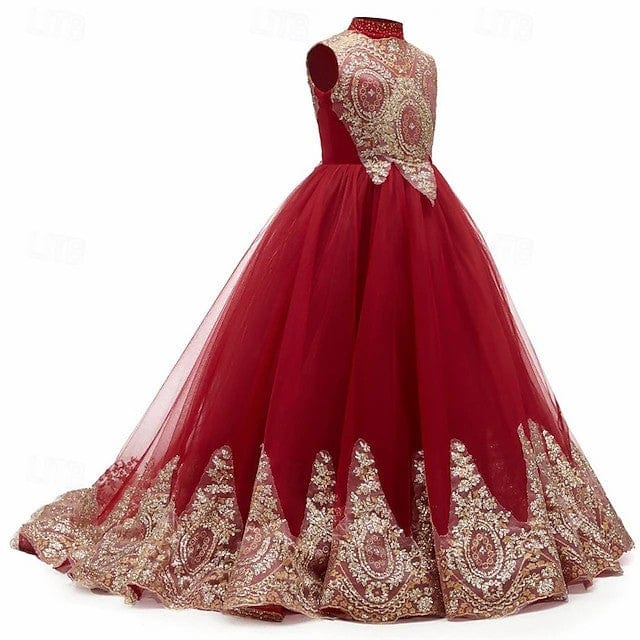 Sunnypetal Luxury Gold Embroidered High-Neck Tulle Ball Gown Flower Girl Dress