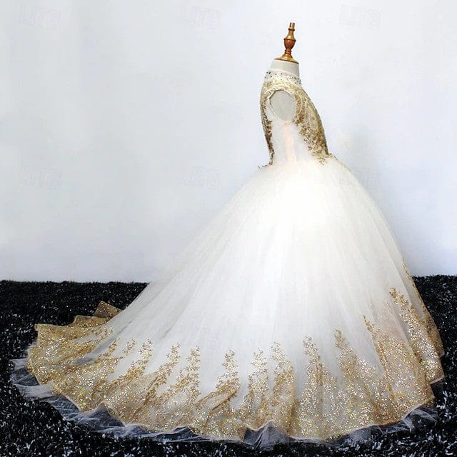 Sunnypetal Luxury Gold Embroidered High-Neck Tulle Ball Gown Flower Girl Dress