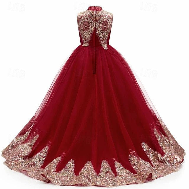 Sunnypetal Luxury Gold Embroidered High-Neck Tulle Ball Gown Flower Girl Dress