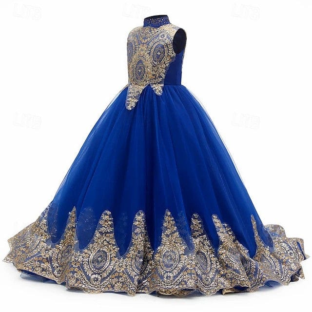 Sunnypetal Luxury Gold Embroidered High-Neck Tulle Ball Gown Flower Girl Dress