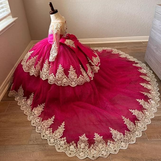 Sunnypetal Luxury Gold Lace Appliqué Tulle Ball Gown Flower Girl Dress with Royal Train