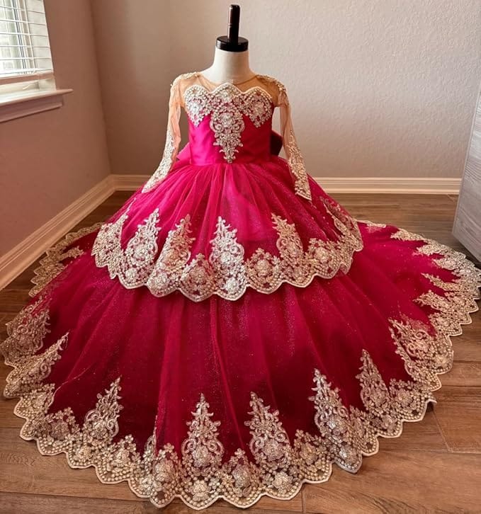 Sunnypetal Luxury Gold Lace Appliqué Tulle Ball Gown Flower Girl Dress with Royal Train