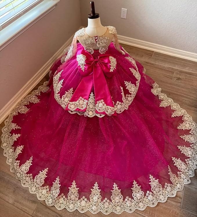Sunnypetal Luxury Gold Lace Appliqué Tulle Ball Gown Flower Girl Dress with Royal Train