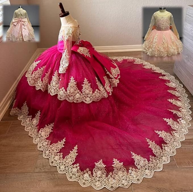 Sunnypetal Luxury Gold Lace Appliqué Tulle Ball Gown Flower Girl Dress with Royal Train