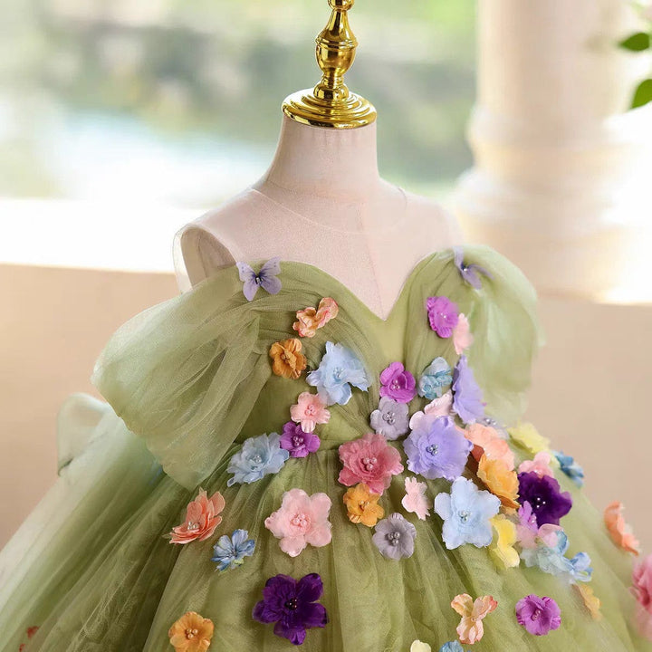 Sunnypetal Luxury Green Flower Girl Gown with 3D Floral Appliqués