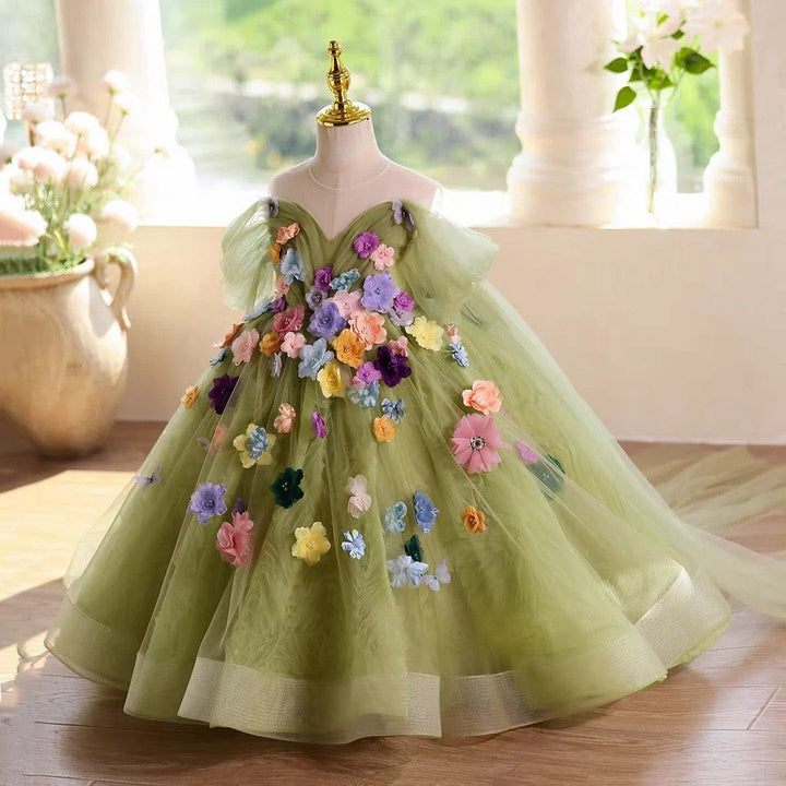 Sunnypetal Luxury Green Flower Girl Gown with 3D Floral Appliqués