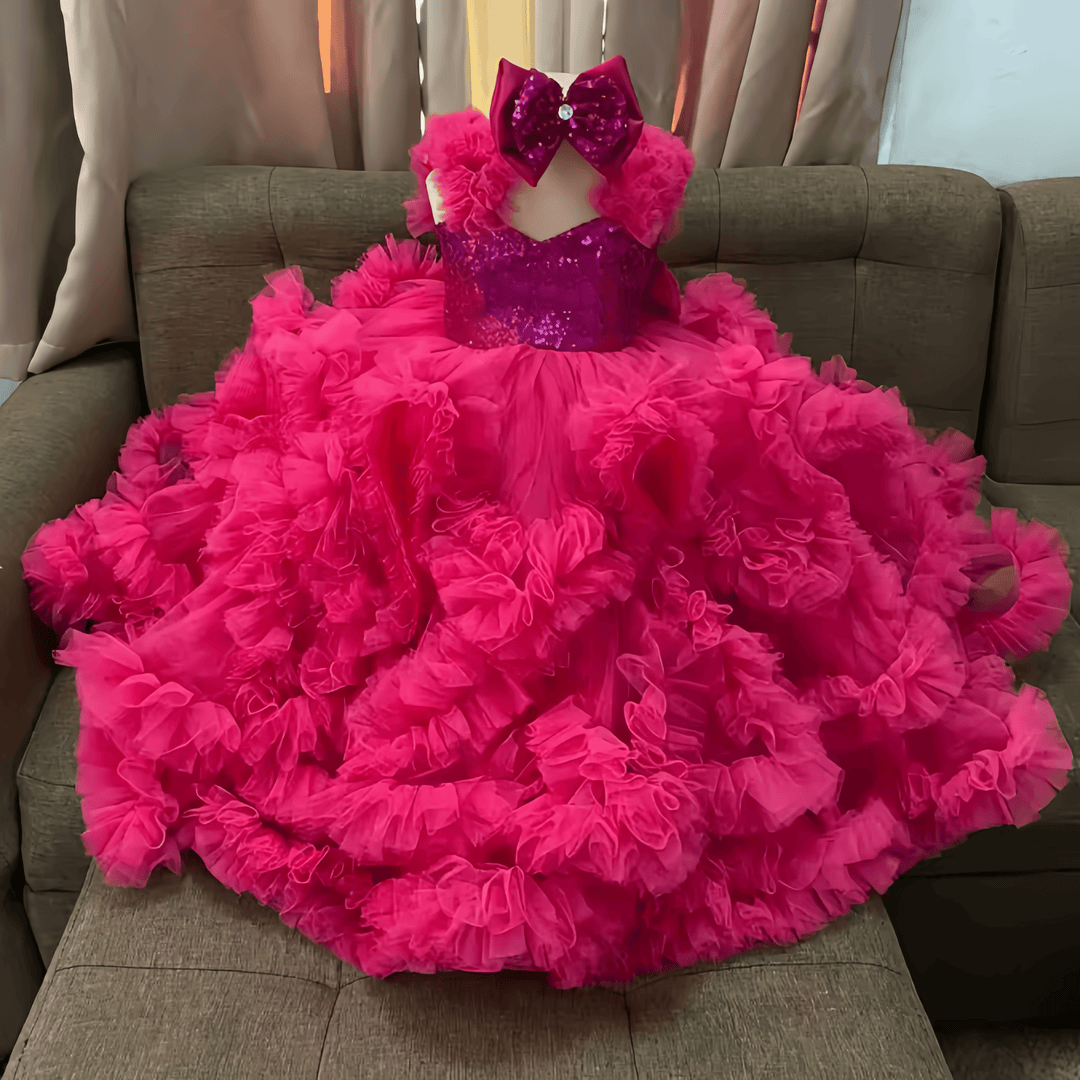 Sunnypetal Luxury Hot Pink Ruffle Tulle Flower Girl Ball Gown with Sequin Bow