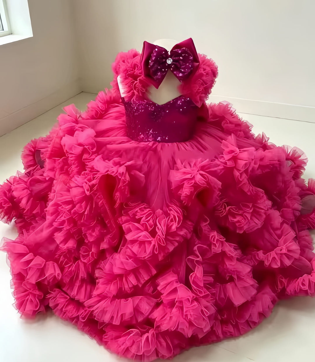 Sunnypetal Luxury Hot Pink Ruffle Tulle Flower Girl Ball Gown with Sequin Bow