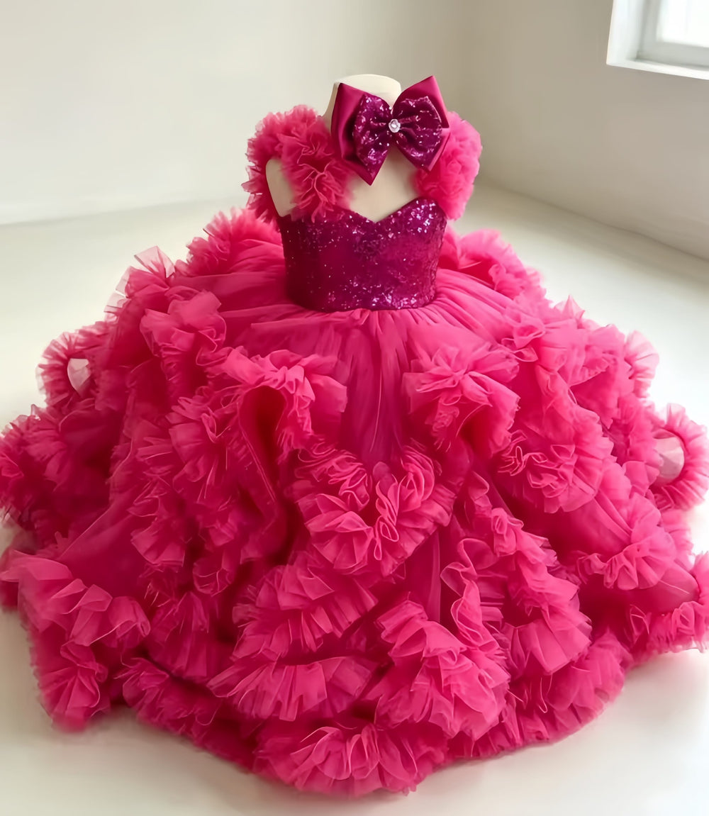 Sunnypetal Luxury Hot Pink Ruffle Tulle Flower Girl Ball Gown with Sequin Bow