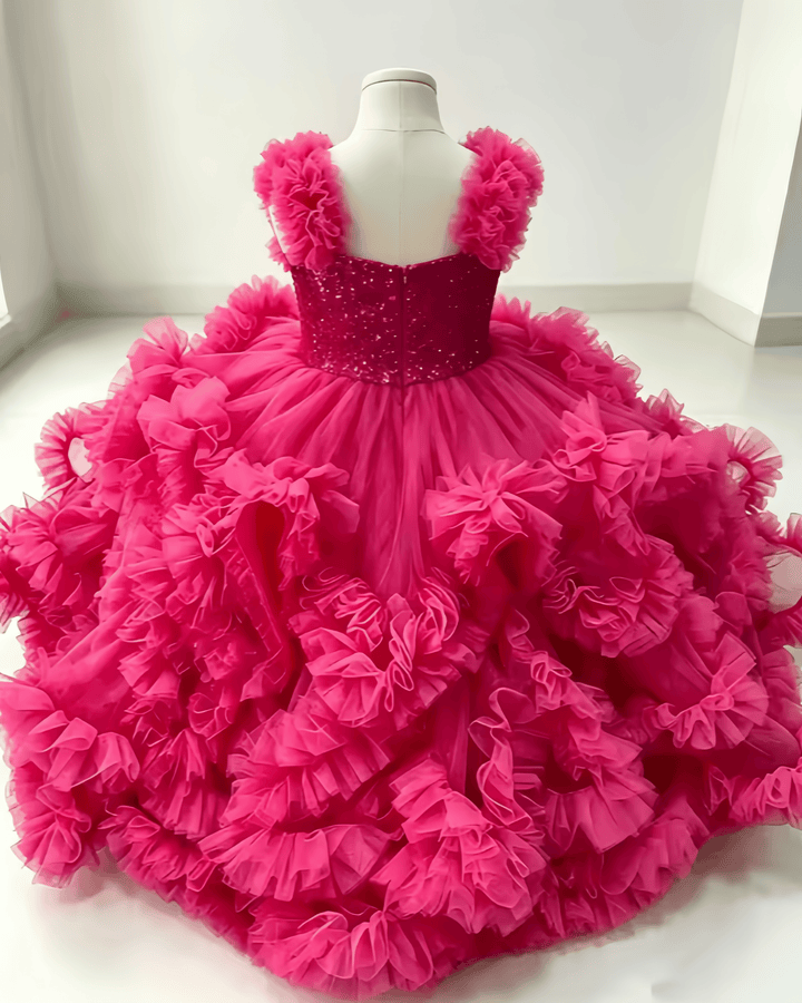Sunnypetal Luxury Hot Pink Ruffle Tulle Flower Girl Ball Gown with Sequin Bow
