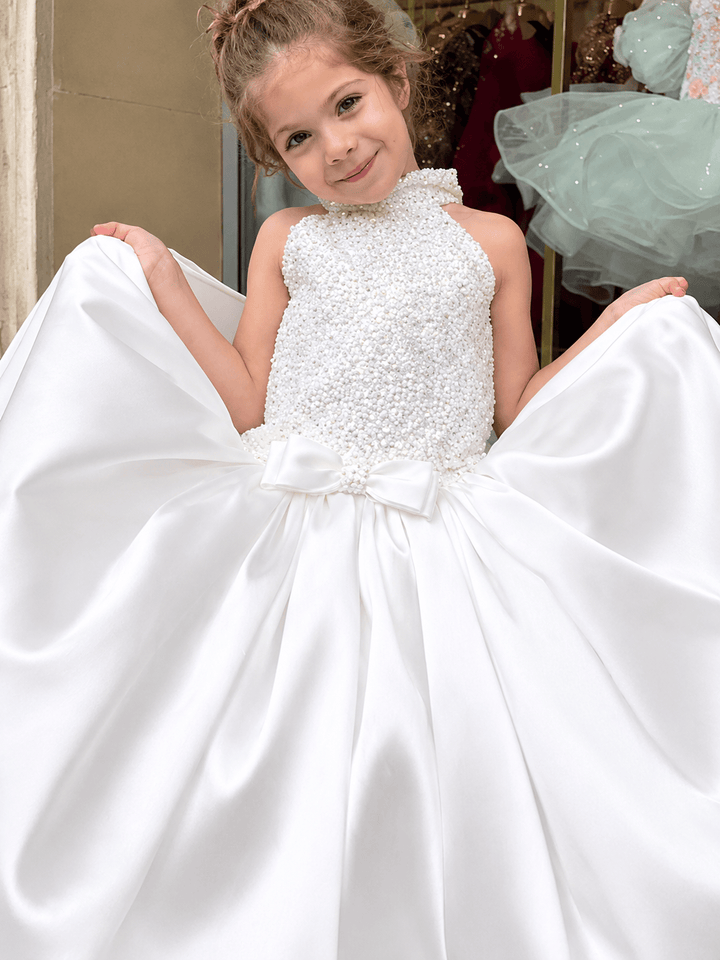 Sunnypetal Luxury Ivory Satin Flower Girl Dress with Embellished Bodice &amp; Oversized Bow