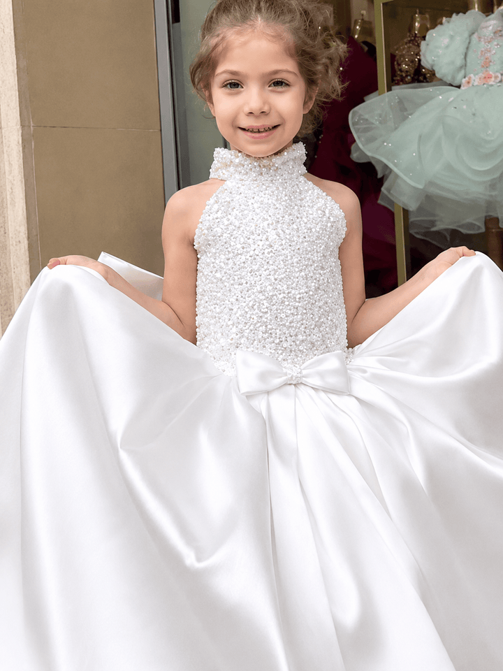 Sunnypetal Luxury Ivory Satin Flower Girl Dress with Embellished Bodice &amp; Oversized Bow