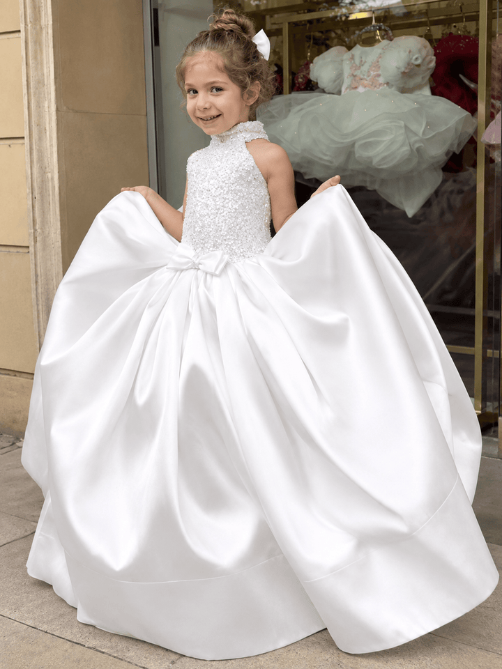 Sunnypetal Luxury Ivory Satin Flower Girl Dress with Embellished Bodice &amp; Oversized Bow