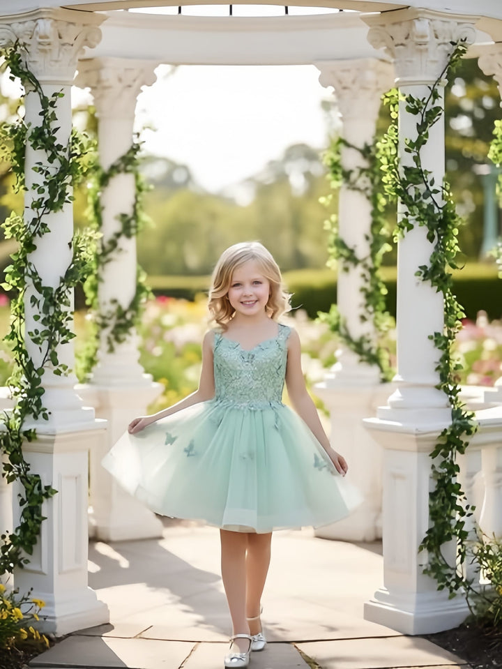 Sunnypetal Luxury Mint Green Butterfly Lace Flower Girl Dress