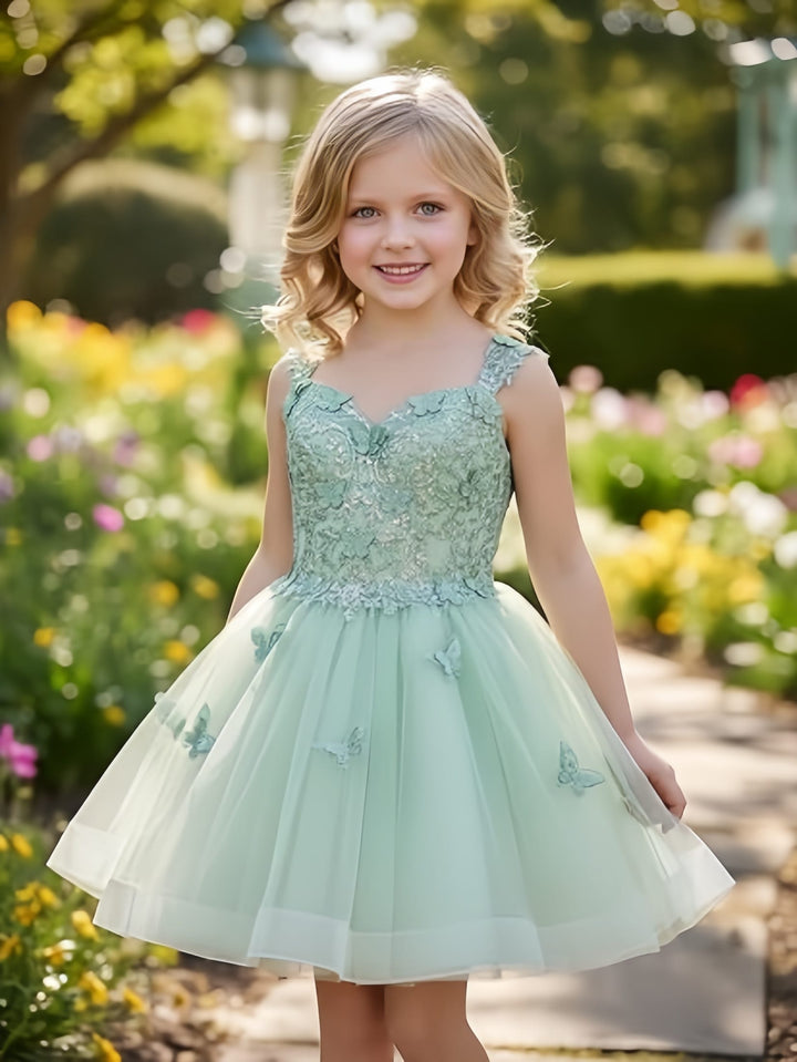Sunnypetal Luxury Mint Green Butterfly Lace Flower Girl Dress