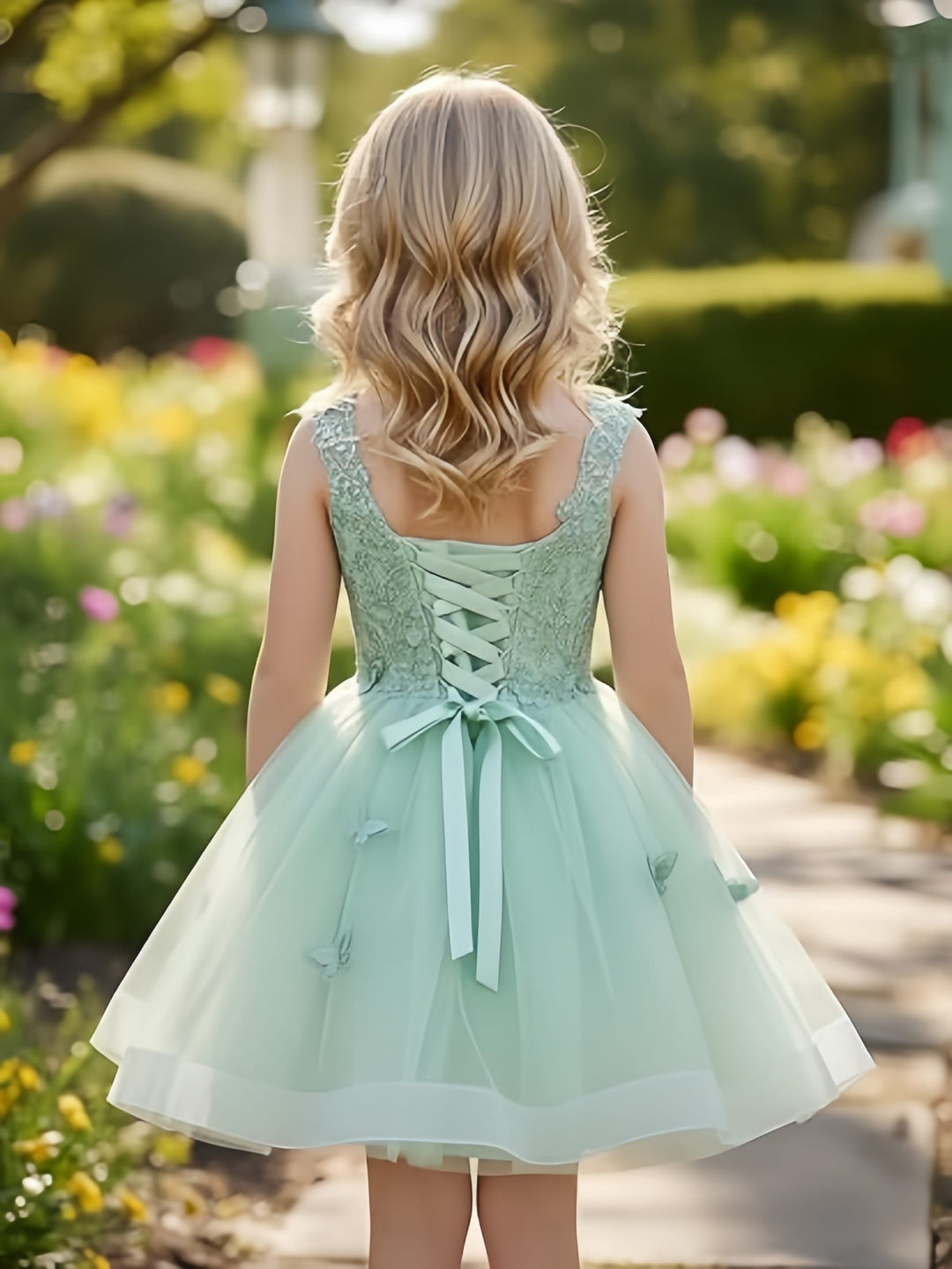 Sunnypetal Luxury Mint Green Butterfly Lace Flower Girl Dress