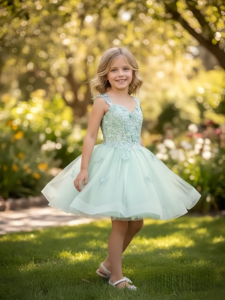 Sunnypetal Luxury Mint Green Butterfly Lace Flower Girl Dress