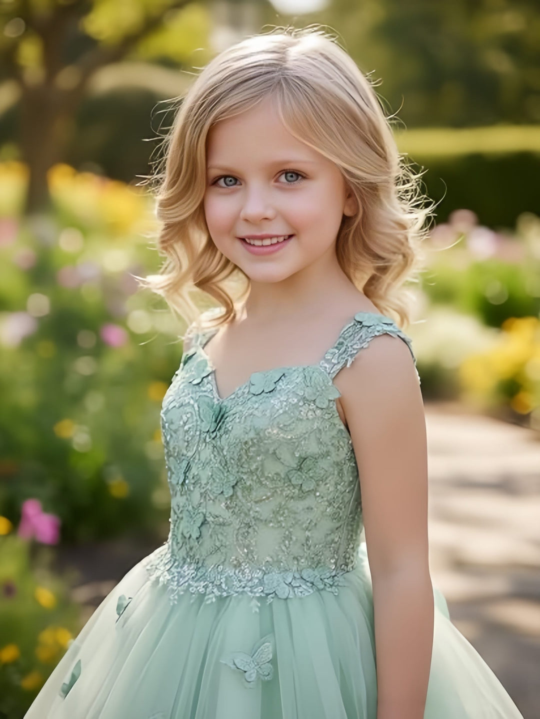 Sunnypetal Luxury Mint Green Butterfly Lace Flower Girl Dress