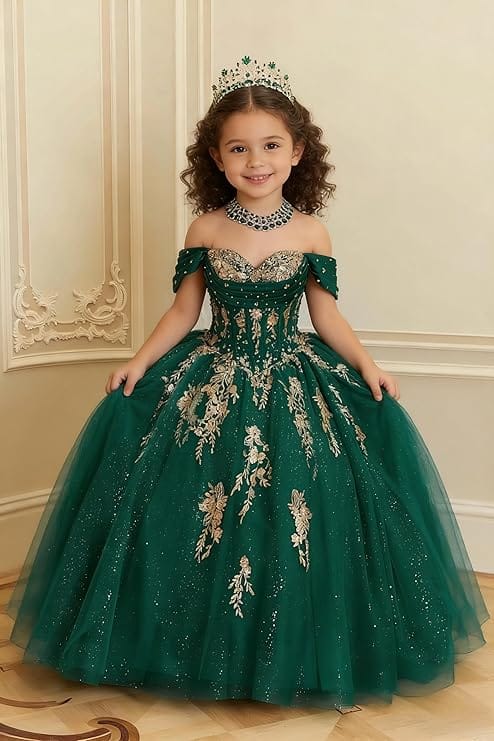 Sunnypetal Luxury Off-Shoulder Gold Lace Applique Princess Flower Girl Ball Gown Dress