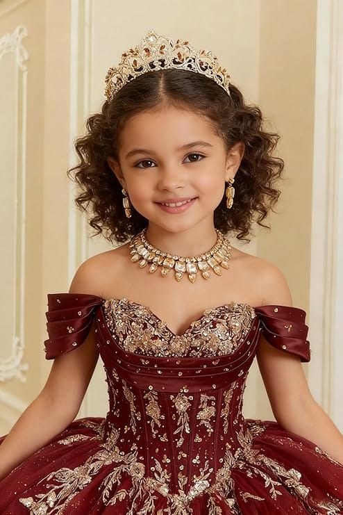 Sunnypetal Luxury Off-Shoulder Gold Lace Applique Princess Flower Girl Ball Gown Dress