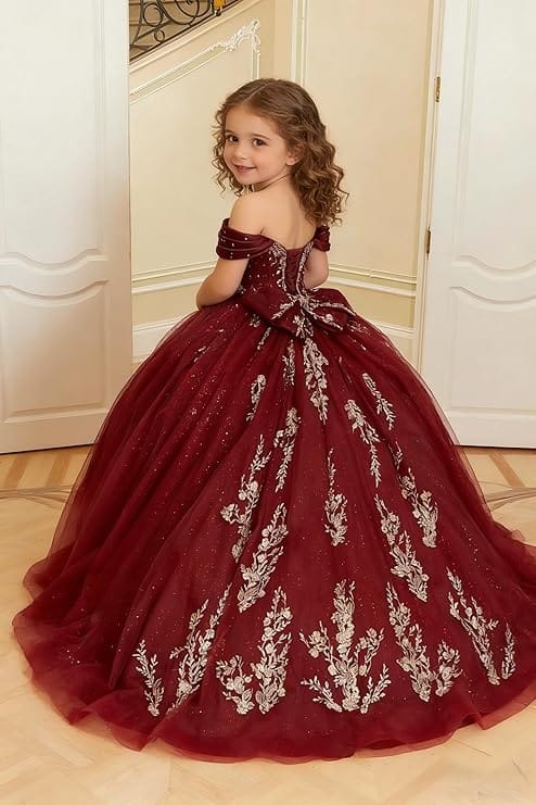 Sunnypetal Luxury Off-Shoulder Gold Lace Applique Princess Flower Girl Ball Gown Dress