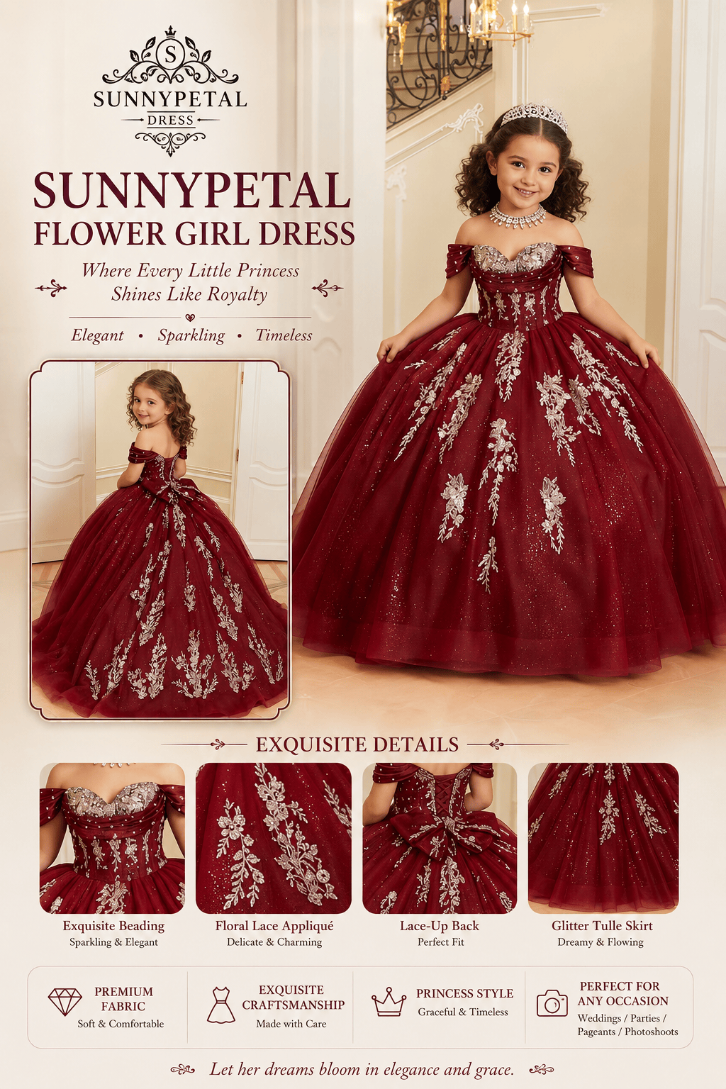 Sunnypetal Luxury Off-Shoulder Gold Lace Applique Princess Flower Girl Ball Gown Dress